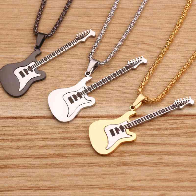 Stainless Steel Rock Music Guitar Pendant Jewelry Chain Necklace