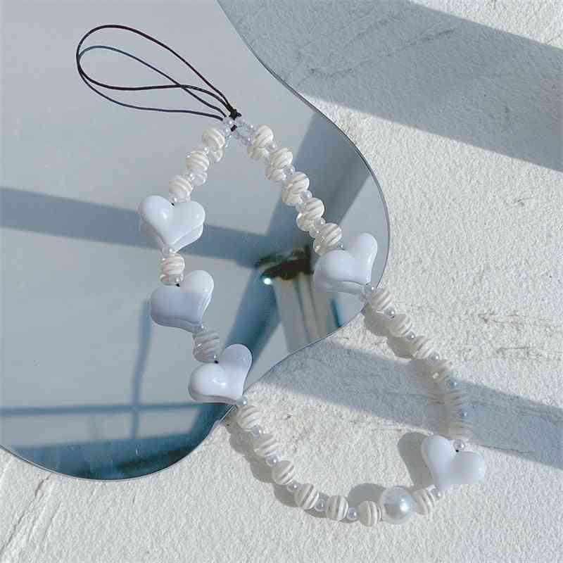 Mode hvide harpiks stribede perler hjerteformet mobiltelefon kæde