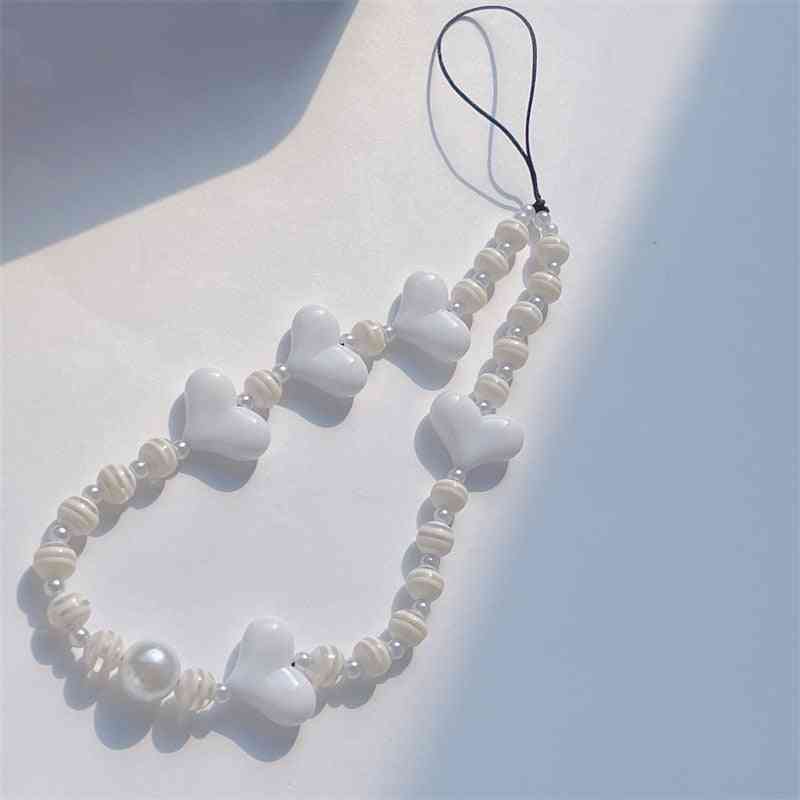 Fashion White Resin Striped Beads Heart-shaped Mobile Phone Chain