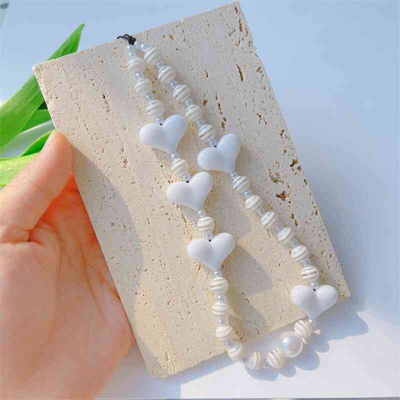 Mode hvide harpiks stribede perler hjerteformet mobiltelefon kæde