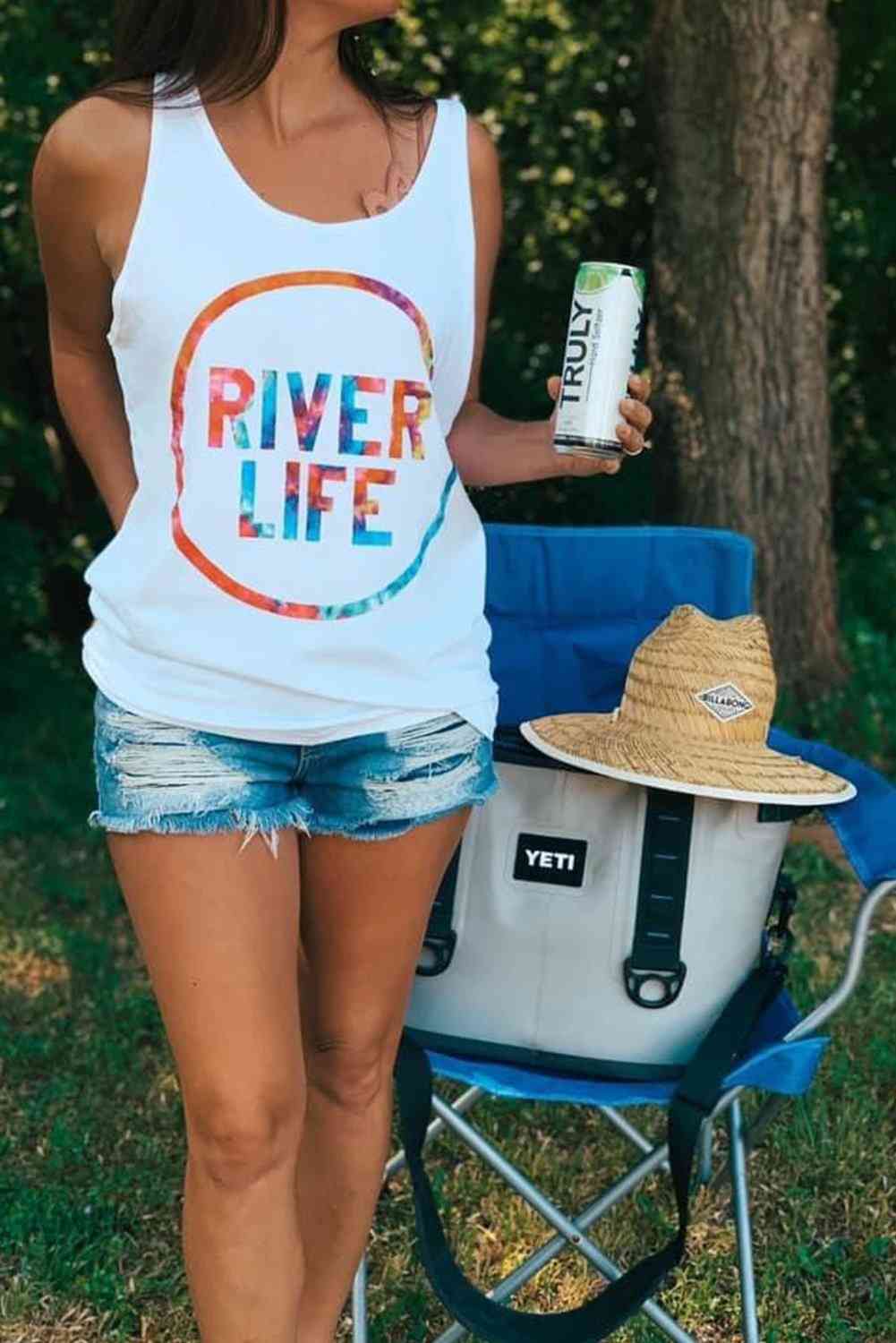 Summer Casual White River Life Print Tank Top
