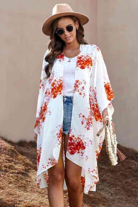 Floral Kimono Sleeves, Chiffon Loose Long Beach Cover Up