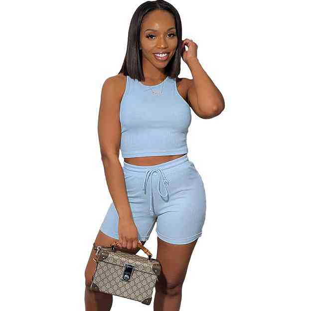 Ribbed Two Piece Tracksuit Set Tank Crop Top And Shorts
