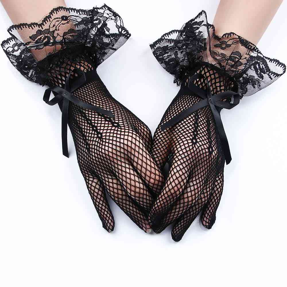 Elegant Ladies Short Lace Gloves New Sheer Fishn Net Black Prom Party
