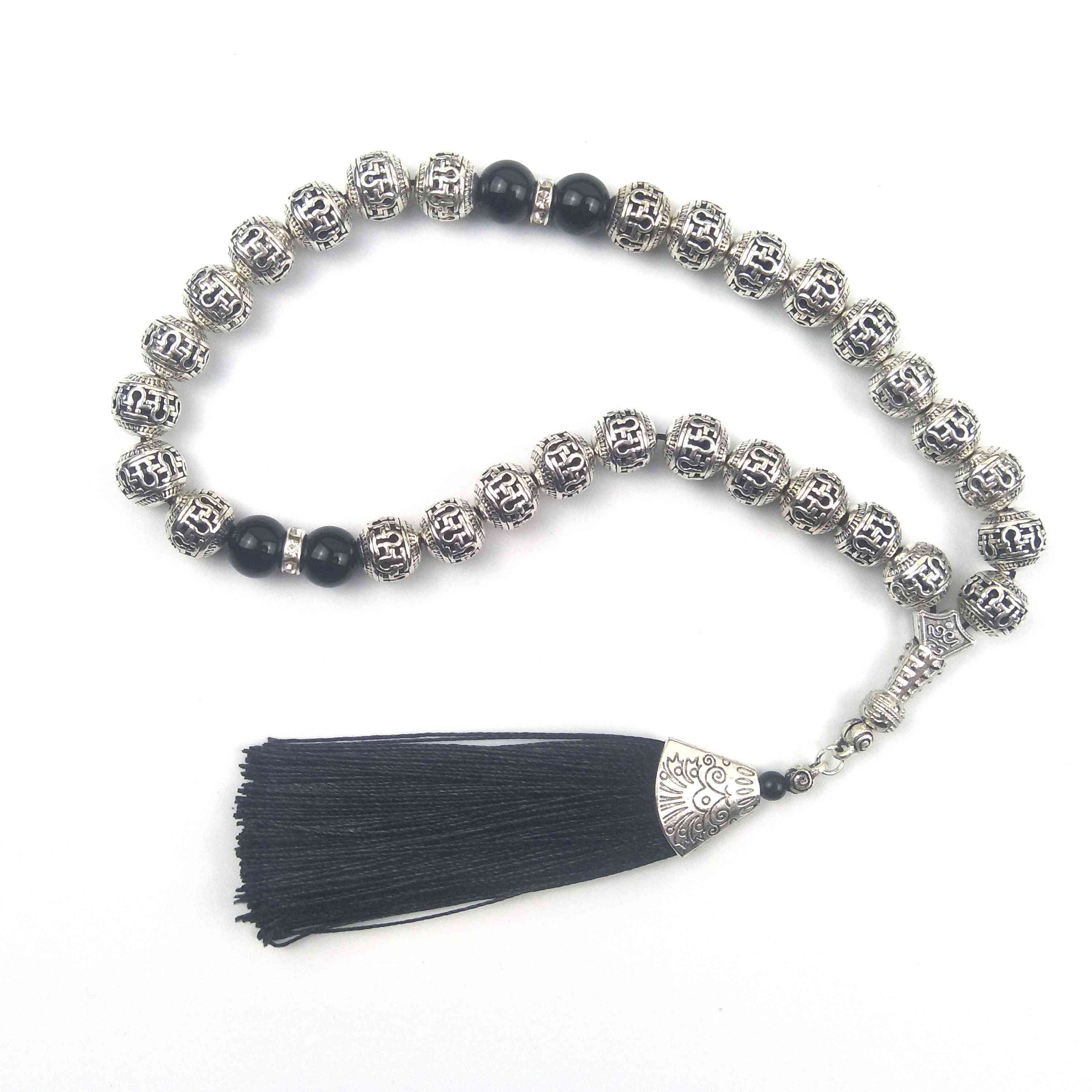 10mm Silver Plated Prayer Beads With Black Tassel Bracelet