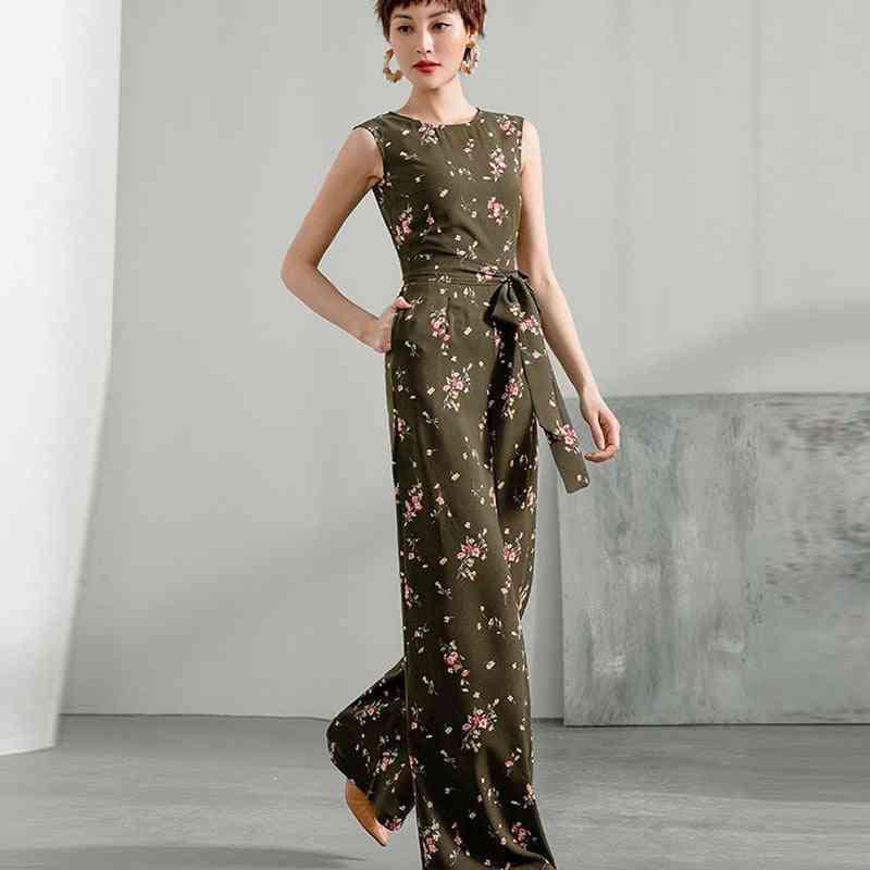 2022 Women Summer Jumpsuit Party High Street Chiffon Elegant Wide Leg Print Floral Rompers With Sashes Female Clothing 3xl 4xl