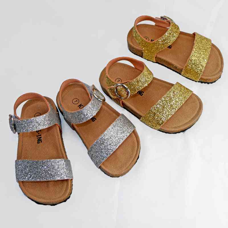 New Summer Giltter Kids Sandals Corks Shoes Pu Leather Bling Beach Slides