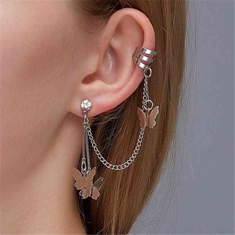 Mode geometrisk fjärilsklämma örhänge för tonåringar kvinnor öronkuddar coola smycken retro kedja långa örhängen metall