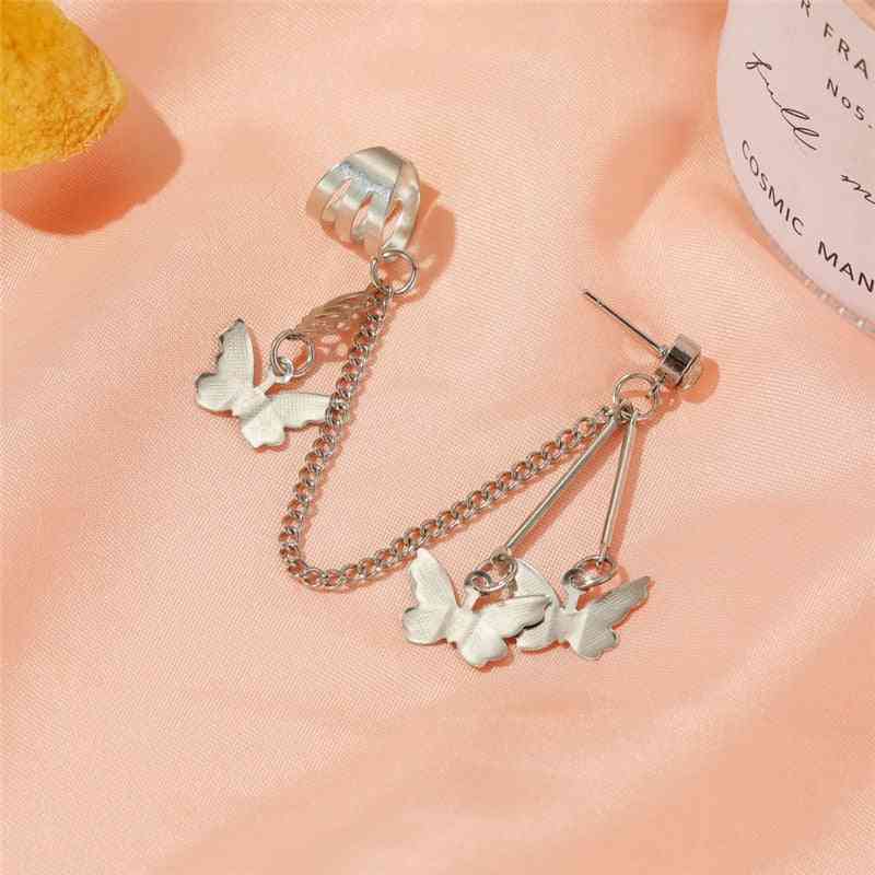 Fashion Geometric Butterfly Clip Earring For Teens Women Ear Cuffs Cool Jewelry Retro Chain Long Hanging Earings Metal