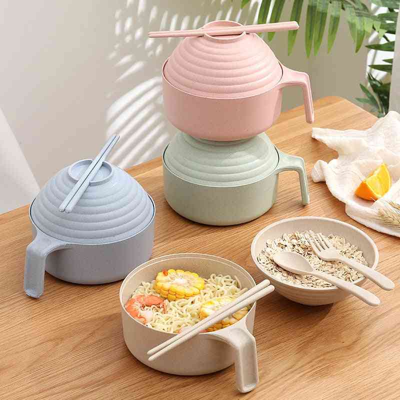 Wheat Straw Multifunctional With Lid Bowl Spoon Fork Chopsticks Eating