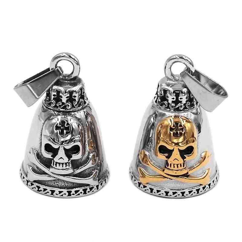 Bone Skull Cross Biker Bell Pendant Stainless Steel Heavy Gold Silver